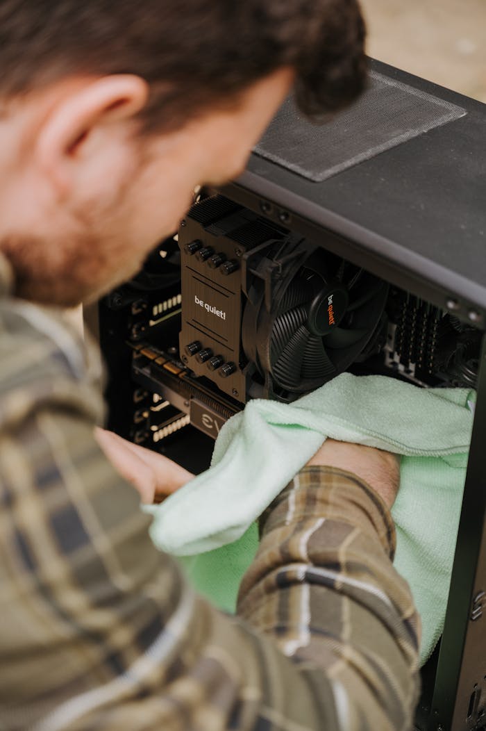 services-01 Adult male cleaning desktop computer interior using soft cloth for maintenance.