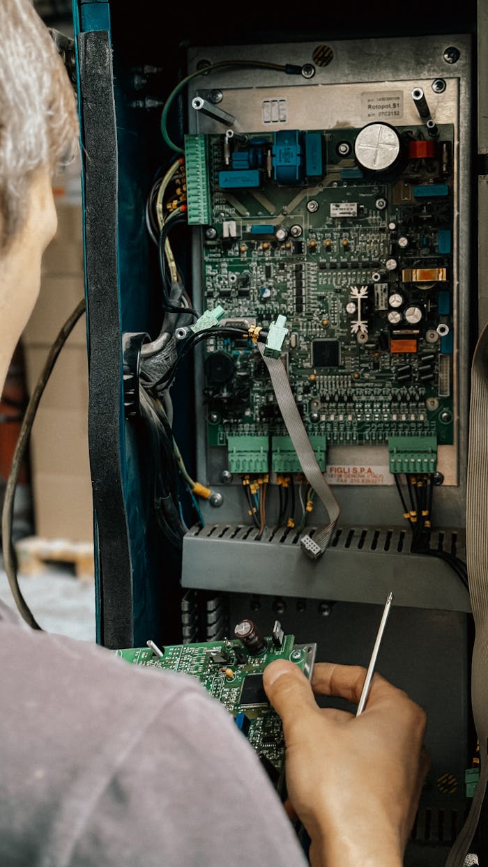 Professional technician fixing circuit board in an industrial setting.