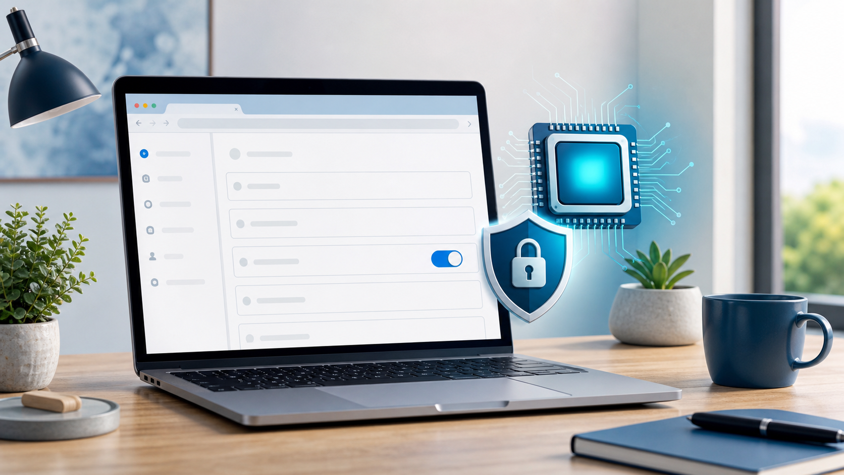 Laptop browser settings with graphics processor and security symbols